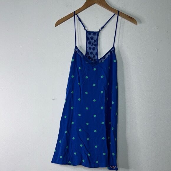 HOLLISTER Racerback Spaghetti Strap Lace Polka Dot Lined Blue Dress Small - Picture 8 of 8